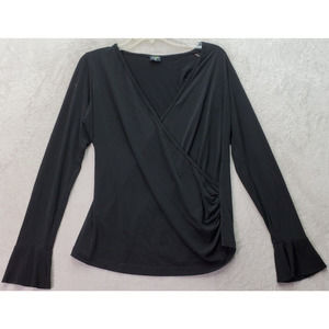 Olian Blouse Top Women's Size Medium Black Long‎ Bell Sleeve Wrap V Neck Ruched